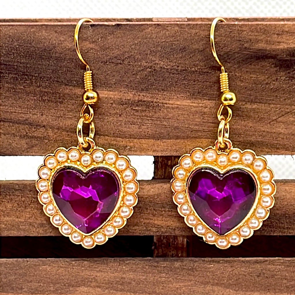 Purple And Gold Heart Earrings With Pearl Handmade Artist Made Mothers Day Gift